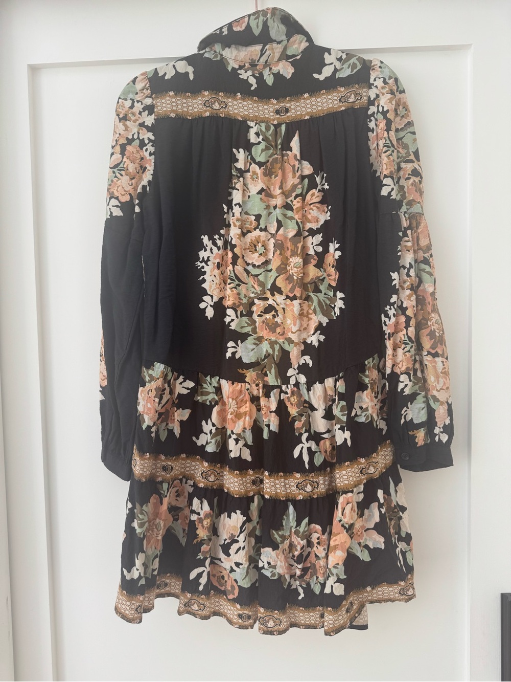 Anthropologie Black Floral Tiered Button-Front Dress with Tan Accents - Picture 4 of 4